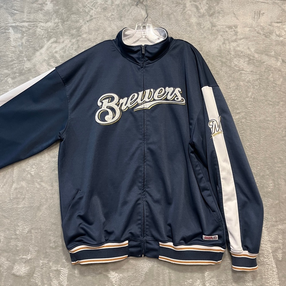 Stitches Milwaukee Brewers Track Jacket Mens 2XL Navy Blue MLB Full Zip Striped